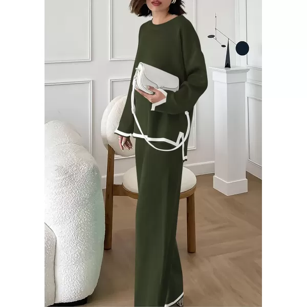 PRETTYGARDEN Womens 2 Piece Knit Sweater Set Casual Long Sleeve Pullover Wide Leg Pants Sweatsuit Tracksuit OutfitArmy Green