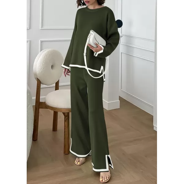 PRETTYGARDEN Womens 2 Piece Knit Sweater Set Casual Long Sleeve Pullover Wide Leg Pants Sweatsuit Tracksuit OutfitArmy Green