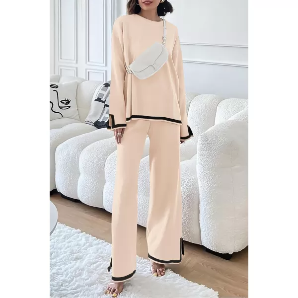 PRETTYGARDEN Womens 2 Piece Knit Sweater Set Casual Long Sleeve Pullover Wide Leg Pants Sweatsuit Tracksuit OutfitBeige