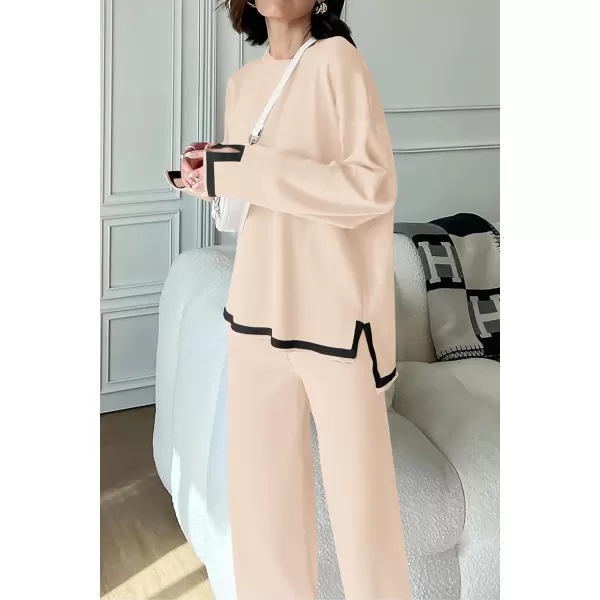 PRETTYGARDEN Womens 2 Piece Knit Sweater Set Casual Long Sleeve Pullover Wide Leg Pants Sweatsuit Tracksuit OutfitBeige
