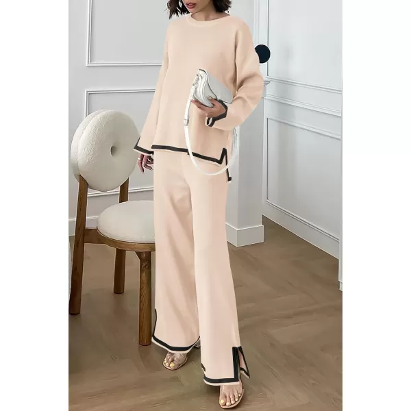 PRETTYGARDEN Womens 2 Piece Knit Sweater Set Casual Long Sleeve Pullover Wide Leg Pants Sweatsuit Tracksuit OutfitBeige