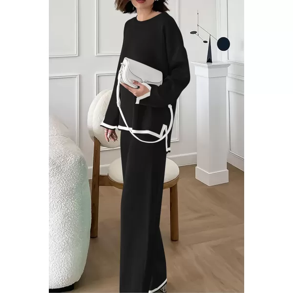 PRETTYGARDEN Womens 2 Piece Knit Sweater Set Casual Long Sleeve Pullover Wide Leg Pants Sweatsuit Tracksuit OutfitBlack