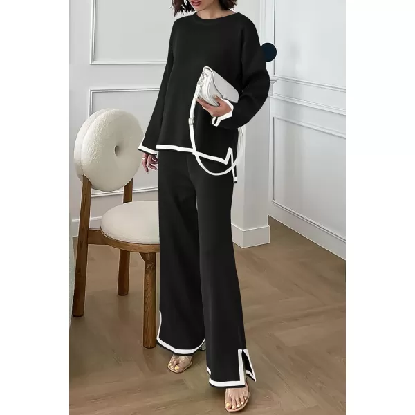 PRETTYGARDEN Womens 2 Piece Knit Sweater Set Casual Long Sleeve Pullover Wide Leg Pants Sweatsuit Tracksuit OutfitBlack