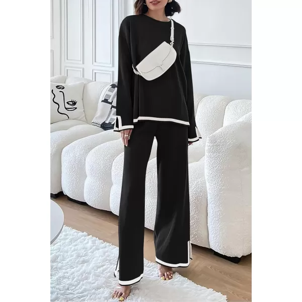 PRETTYGARDEN Womens 2 Piece Knit Sweater Set Casual Long Sleeve Pullover Wide Leg Pants Sweatsuit Tracksuit OutfitBlack