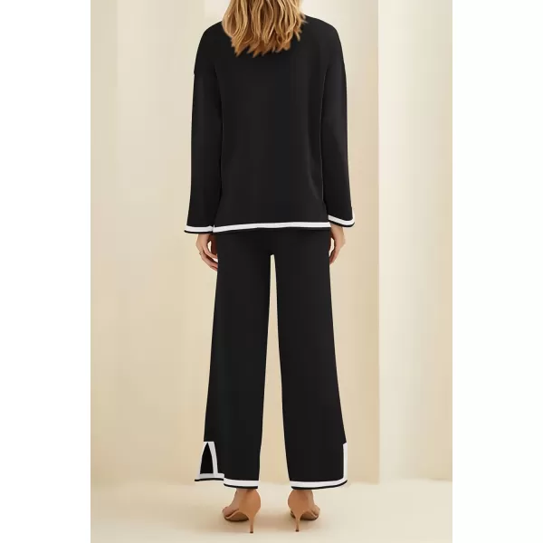 PRETTYGARDEN Womens 2 Piece Knit Sweater Set Casual Long Sleeve Pullover Wide Leg Pants Sweatsuit Tracksuit OutfitBlack