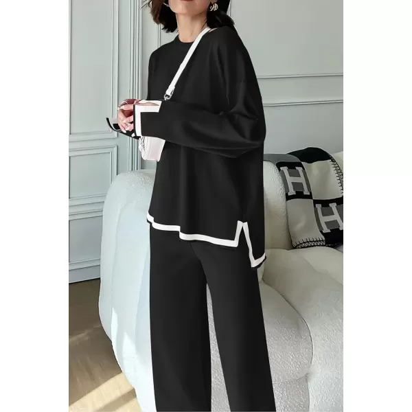 PRETTYGARDEN Womens 2 Piece Knit Sweater Set Casual Long Sleeve Pullover Wide Leg Pants Sweatsuit Tracksuit OutfitBlack