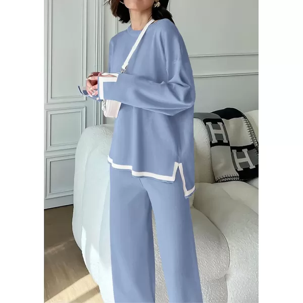 PRETTYGARDEN Womens 2 Piece Knit Sweater Set Casual Long Sleeve Pullover Wide Leg Pants Sweatsuit Tracksuit OutfitBlue
