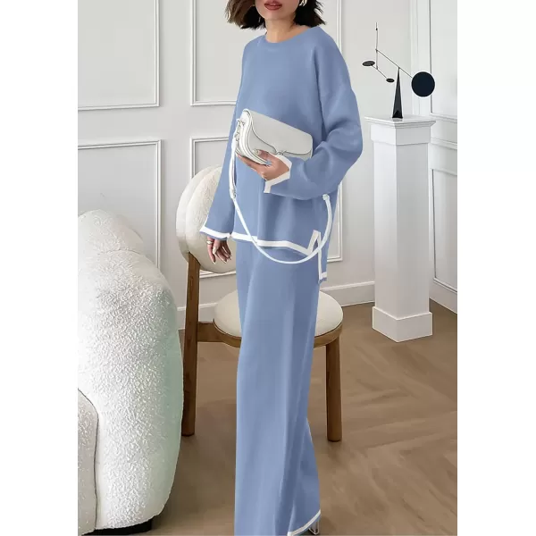 PRETTYGARDEN Womens 2 Piece Knit Sweater Set Casual Long Sleeve Pullover Wide Leg Pants Sweatsuit Tracksuit OutfitBlue