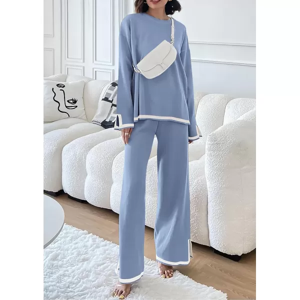 PRETTYGARDEN Womens 2 Piece Knit Sweater Set Casual Long Sleeve Pullover Wide Leg Pants Sweatsuit Tracksuit OutfitBlue