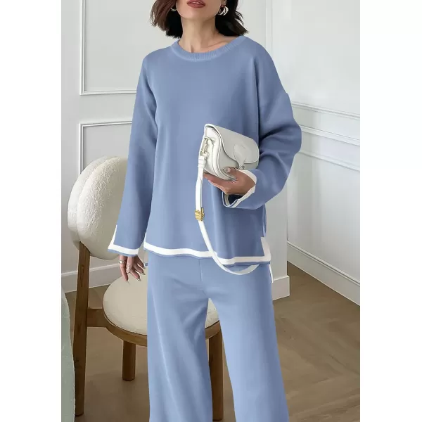 PRETTYGARDEN Womens 2 Piece Knit Sweater Set Casual Long Sleeve Pullover Wide Leg Pants Sweatsuit Tracksuit OutfitBlue