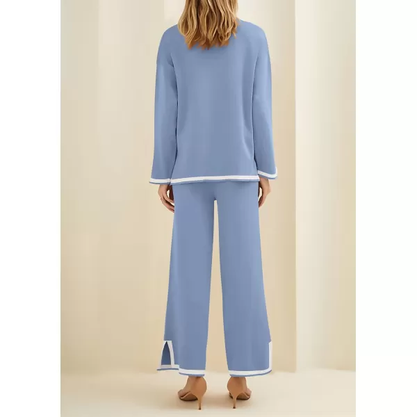 PRETTYGARDEN Womens 2 Piece Knit Sweater Set Casual Long Sleeve Pullover Wide Leg Pants Sweatsuit Tracksuit OutfitBlue