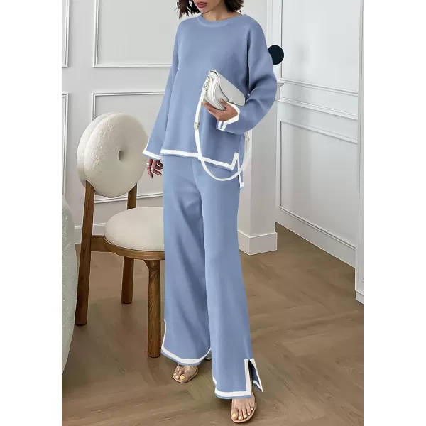 PRETTYGARDEN Womens 2 Piece Knit Sweater Set Casual Long Sleeve Pullover Wide Leg Pants Sweatsuit Tracksuit OutfitBlue