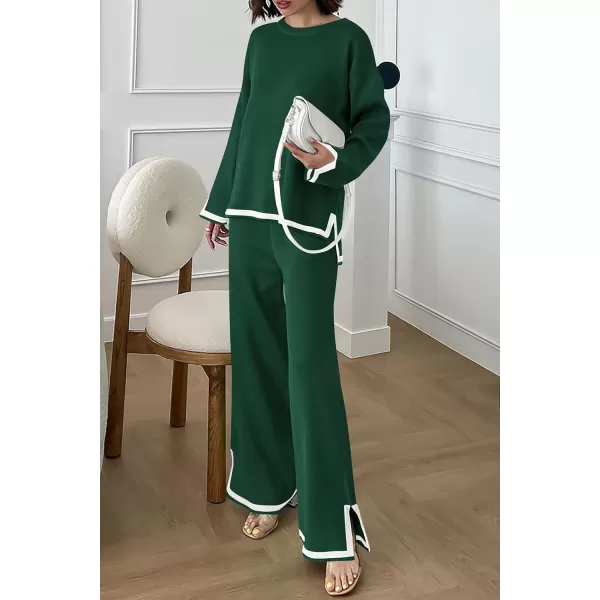 PRETTYGARDEN Womens 2 Piece Knit Sweater Set Casual Long Sleeve Pullover Wide Leg Pants Sweatsuit Tracksuit OutfitGreen