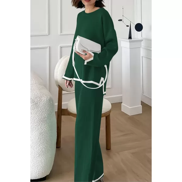 PRETTYGARDEN Womens 2 Piece Knit Sweater Set Casual Long Sleeve Pullover Wide Leg Pants Sweatsuit Tracksuit OutfitGreen