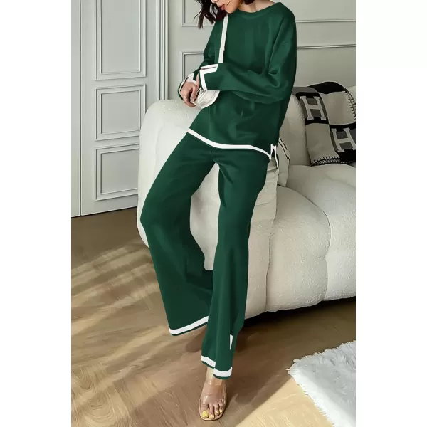 PRETTYGARDEN Womens 2 Piece Knit Sweater Set Casual Long Sleeve Pullover Wide Leg Pants Sweatsuit Tracksuit OutfitGreen