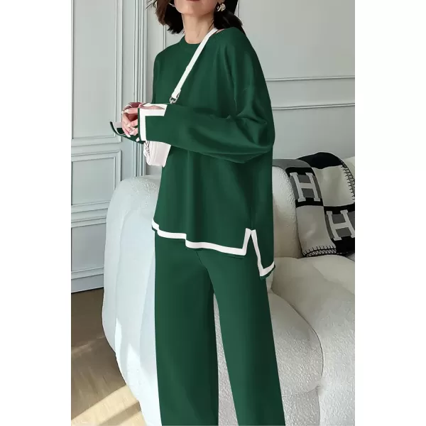 PRETTYGARDEN Womens 2 Piece Knit Sweater Set Casual Long Sleeve Pullover Wide Leg Pants Sweatsuit Tracksuit OutfitGreen