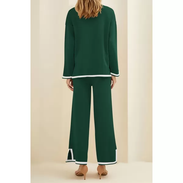 PRETTYGARDEN Womens 2 Piece Knit Sweater Set Casual Long Sleeve Pullover Wide Leg Pants Sweatsuit Tracksuit OutfitGreen