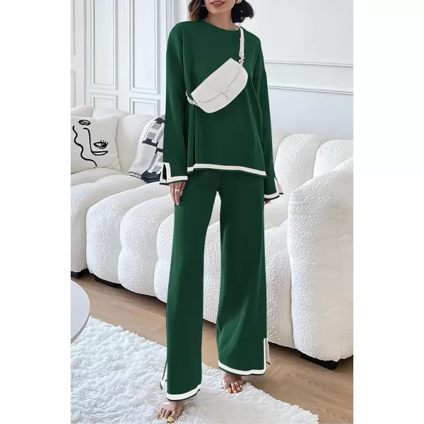 PRETTYGARDEN Womens 2 Piece Knit Sweater Set Casual Long Sleeve Pullover Wide Leg Pants Sweatsuit Tracksuit OutfitGreen