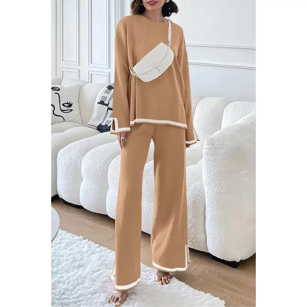 PRETTYGARDEN Womens 2 Piece Knit Sweater Set Casual Long Sleeve Pullover Wide Leg Pants Sweatsuit Tracksuit OutfitKhaki