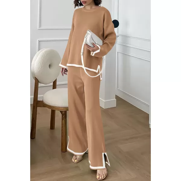 PRETTYGARDEN Womens 2 Piece Knit Sweater Set Casual Long Sleeve Pullover Wide Leg Pants Sweatsuit Tracksuit OutfitKhaki