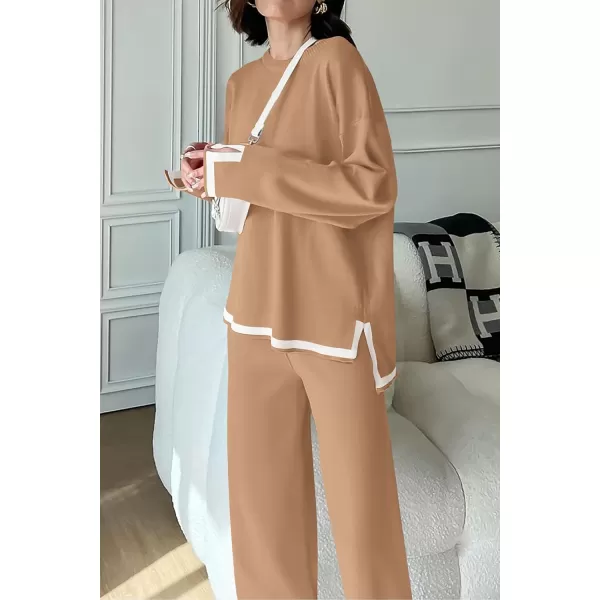PRETTYGARDEN Womens 2 Piece Knit Sweater Set Casual Long Sleeve Pullover Wide Leg Pants Sweatsuit Tracksuit OutfitKhaki