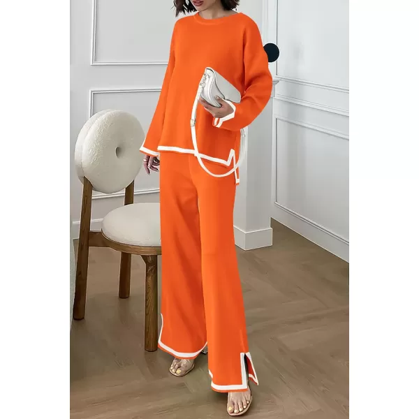 PRETTYGARDEN Womens 2 Piece Knit Sweater Set Casual Long Sleeve Pullover Wide Leg Pants Sweatsuit Tracksuit OutfitOrange