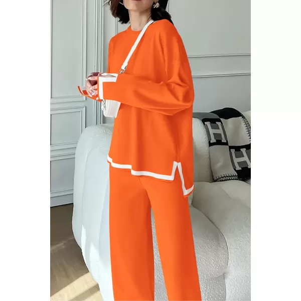 PRETTYGARDEN Womens 2 Piece Knit Sweater Set Casual Long Sleeve Pullover Wide Leg Pants Sweatsuit Tracksuit OutfitOrange