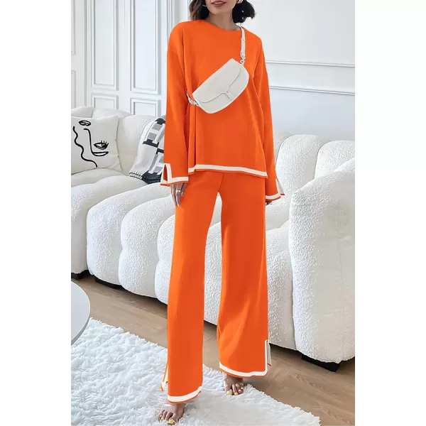 PRETTYGARDEN Womens 2 Piece Knit Sweater Set Casual Long Sleeve Pullover Wide Leg Pants Sweatsuit Tracksuit OutfitOrange