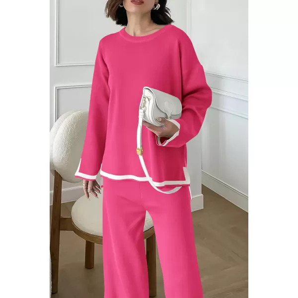 PRETTYGARDEN Womens 2 Piece Knit Sweater Set Casual Long Sleeve Pullover Wide Leg Pants Sweatsuit Tracksuit OutfitRose Red