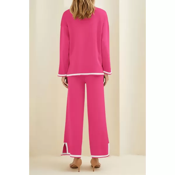 PRETTYGARDEN Womens 2 Piece Knit Sweater Set Casual Long Sleeve Pullover Wide Leg Pants Sweatsuit Tracksuit OutfitRose Red