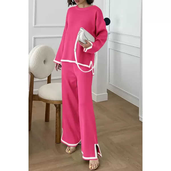 PRETTYGARDEN Womens 2 Piece Knit Sweater Set Casual Long Sleeve Pullover Wide Leg Pants Sweatsuit Tracksuit OutfitRose Red