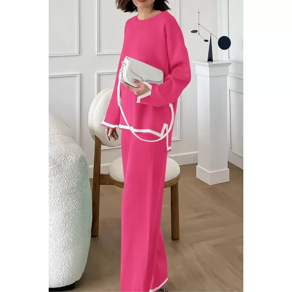 PRETTYGARDEN Womens 2 Piece Knit Sweater Set Casual Long Sleeve Pullover Wide Leg Pants Sweatsuit Tracksuit OutfitRose Red