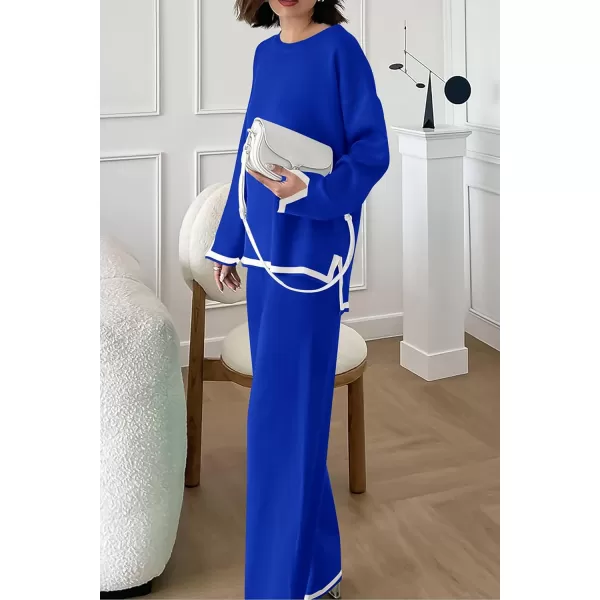PRETTYGARDEN Womens 2 Piece Knit Sweater Set Casual Long Sleeve Pullover Wide Leg Pants Sweatsuit Tracksuit OutfitRoyal Blue