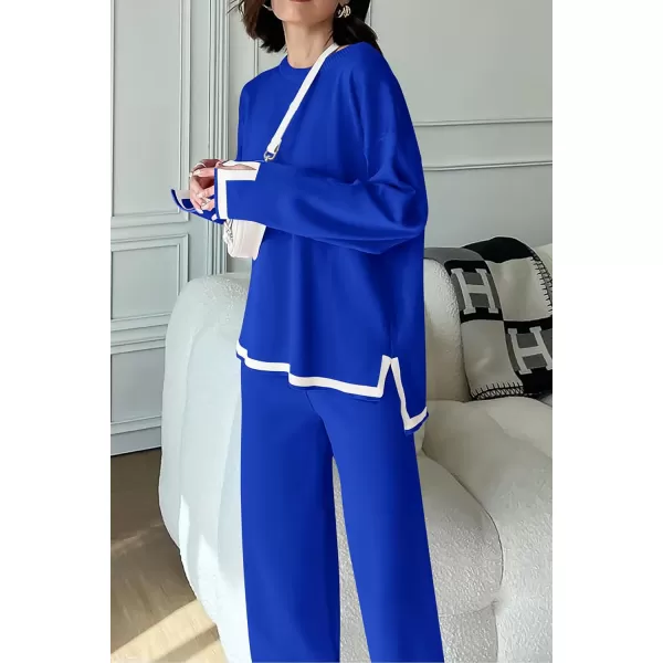 PRETTYGARDEN Womens 2 Piece Knit Sweater Set Casual Long Sleeve Pullover Wide Leg Pants Sweatsuit Tracksuit OutfitRoyal Blue