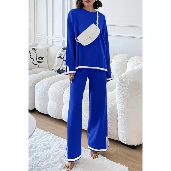 PRETTYGARDEN Womens 2 Piece Knit Sweater Set Casual Long Sleeve Pullover Wide Leg Pants Sweatsuit Tracksuit OutfitRoyal Blue
