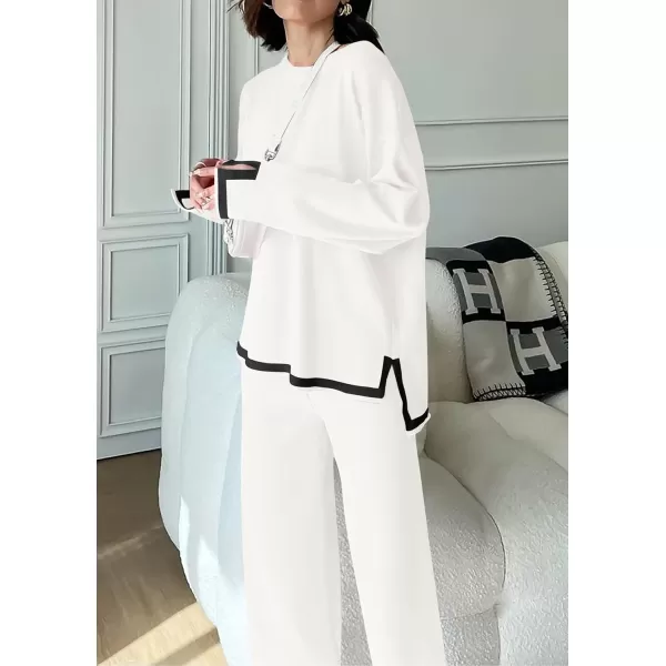 PRETTYGARDEN Womens 2 Piece Knit Sweater Set Casual Long Sleeve Pullover Wide Leg Pants Sweatsuit Tracksuit OutfitWhite