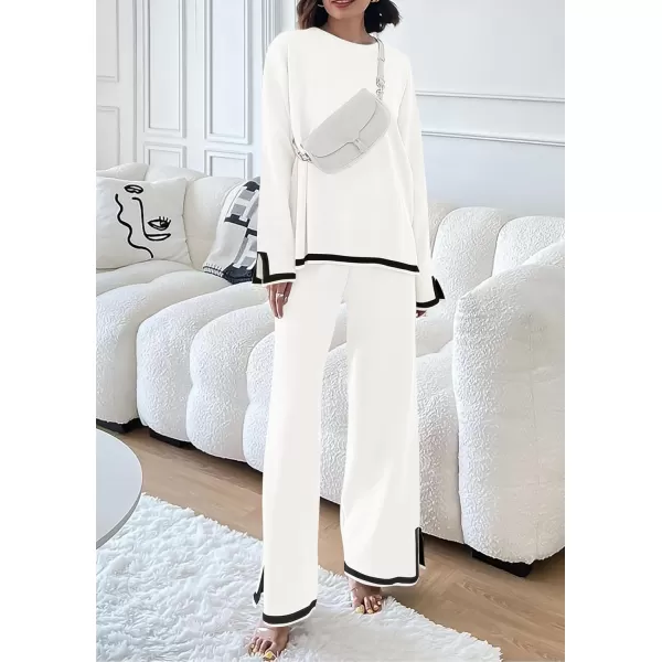 PRETTYGARDEN Womens 2 Piece Knit Sweater Set Casual Long Sleeve Pullover Wide Leg Pants Sweatsuit Tracksuit OutfitWhite