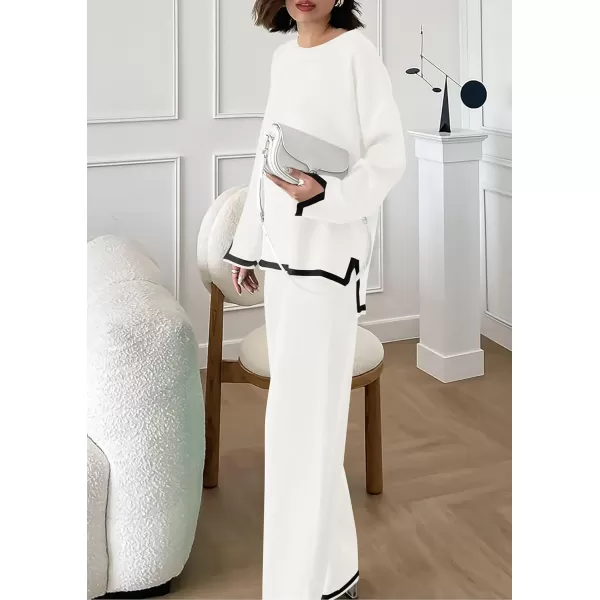 PRETTYGARDEN Womens 2 Piece Knit Sweater Set Casual Long Sleeve Pullover Wide Leg Pants Sweatsuit Tracksuit OutfitWhite