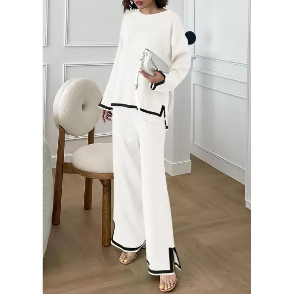 PRETTYGARDEN Womens 2 Piece Knit Sweater Set Casual Long Sleeve Pullover Wide Leg Pants Sweatsuit Tracksuit OutfitWhite