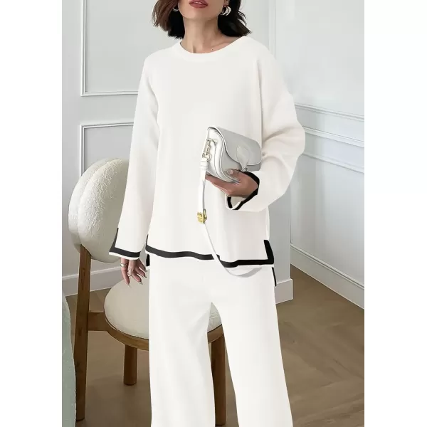 PRETTYGARDEN Womens 2 Piece Knit Sweater Set Casual Long Sleeve Pullover Wide Leg Pants Sweatsuit Tracksuit OutfitWhite