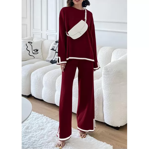 PRETTYGARDEN Womens 2 Piece Knit Sweater Set Casual Long Sleeve Pullover Wide Leg Pants Sweatsuit Tracksuit OutfitWine Red