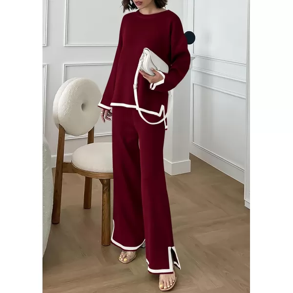 PRETTYGARDEN Womens 2 Piece Knit Sweater Set Casual Long Sleeve Pullover Wide Leg Pants Sweatsuit Tracksuit OutfitWine Red