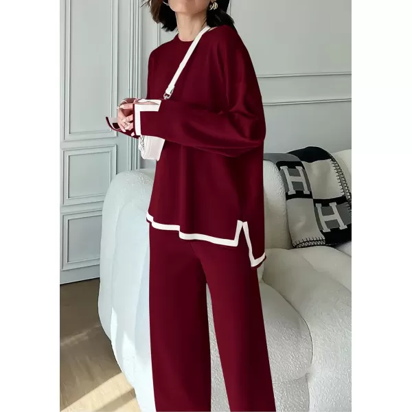 PRETTYGARDEN Womens 2 Piece Knit Sweater Set Casual Long Sleeve Pullover Wide Leg Pants Sweatsuit Tracksuit OutfitWine Red