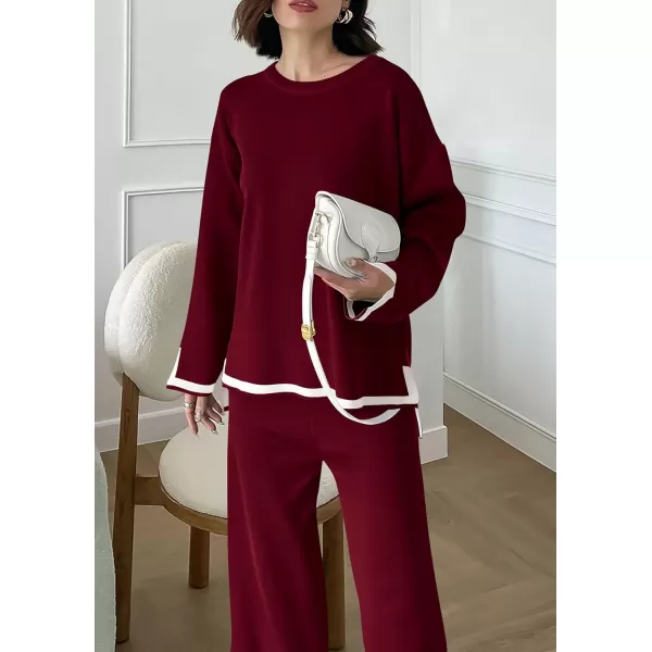 PRETTYGARDEN Womens 2 Piece Knit Sweater Set Casual Long Sleeve Pullover Wide Leg Pants Sweatsuit Tracksuit OutfitWine Red