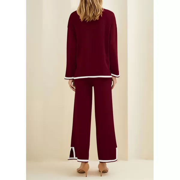 PRETTYGARDEN Womens 2 Piece Knit Sweater Set Casual Long Sleeve Pullover Wide Leg Pants Sweatsuit Tracksuit OutfitWine Red