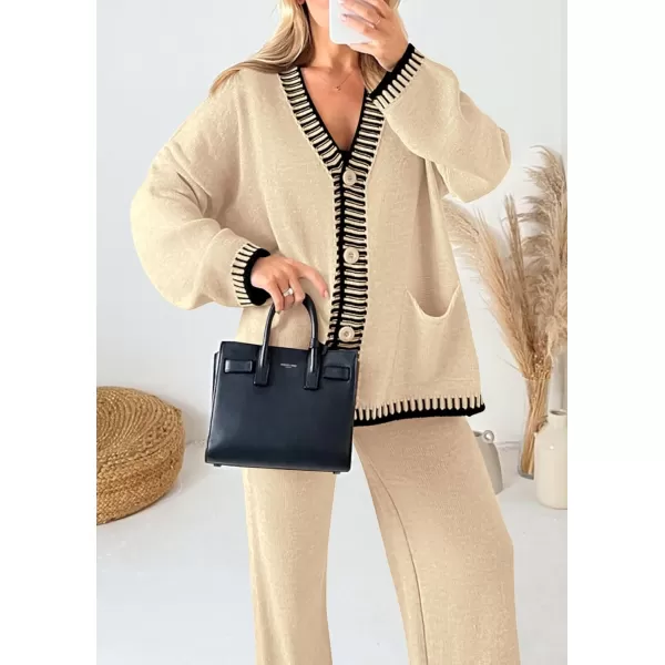 PRETTYGARDEN Womens 2 Piece Outfits Knit Matching Lounge Sets Long Sleeve V Neck Cardigan Sweaters Wide Leg Pants TracksuitsBeige