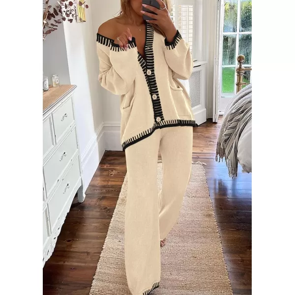 PRETTYGARDEN Womens 2 Piece Outfits Knit Matching Lounge Sets Long Sleeve V Neck Cardigan Sweaters Wide Leg Pants TracksuitsBeige