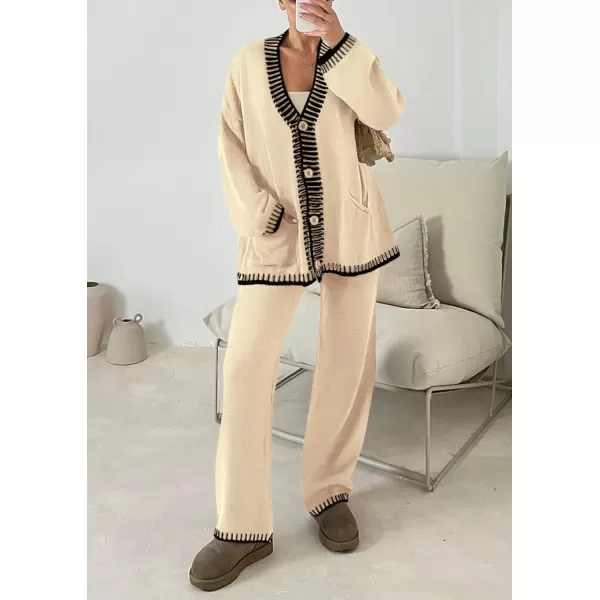 PRETTYGARDEN Womens 2 Piece Outfits Knit Matching Lounge Sets Long Sleeve V Neck Cardigan Sweaters Wide Leg Pants TracksuitsBeige