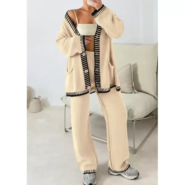 PRETTYGARDEN Womens 2 Piece Outfits Knit Matching Lounge Sets Long Sleeve V Neck Cardigan Sweaters Wide Leg Pants TracksuitsBeige