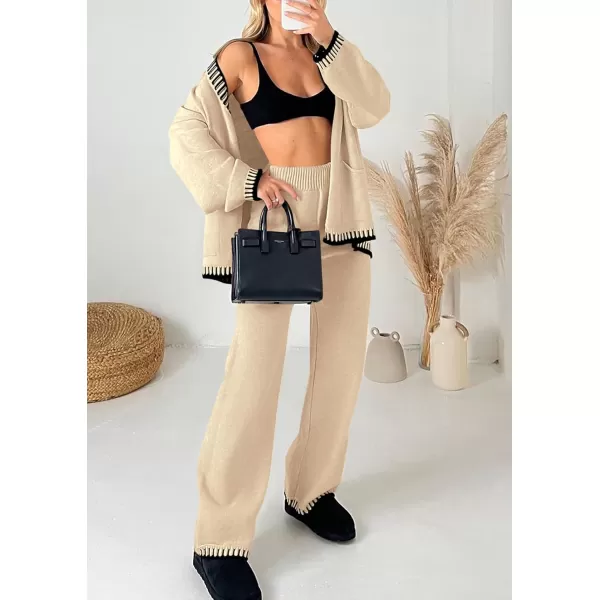 PRETTYGARDEN Womens 2 Piece Outfits Knit Matching Lounge Sets Long Sleeve V Neck Cardigan Sweaters Wide Leg Pants TracksuitsBeige